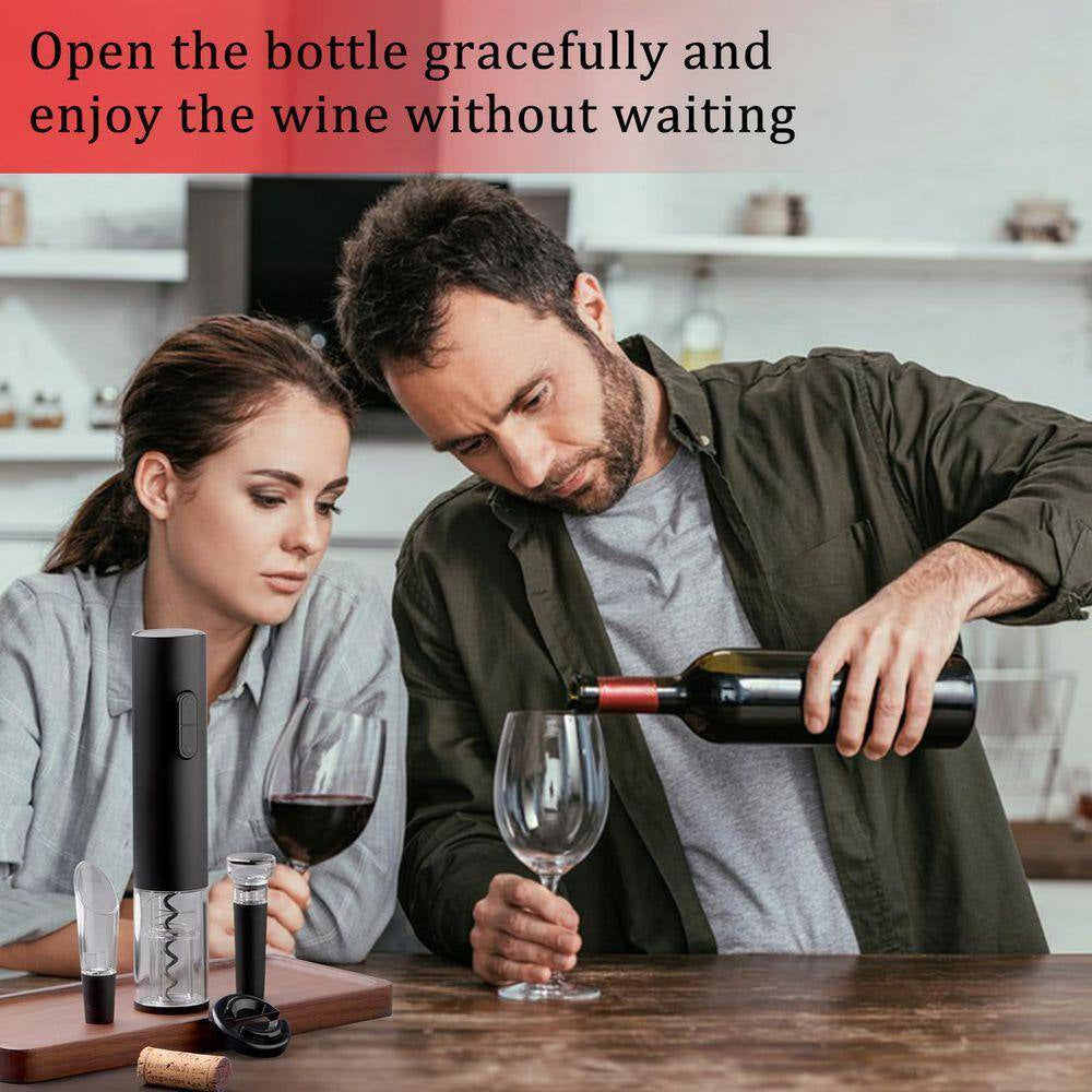 Modern Black Electric Wine Opener Kit Battery Operated with Foil Cutter Wine Aerator Pourer Vacuum Stopper
