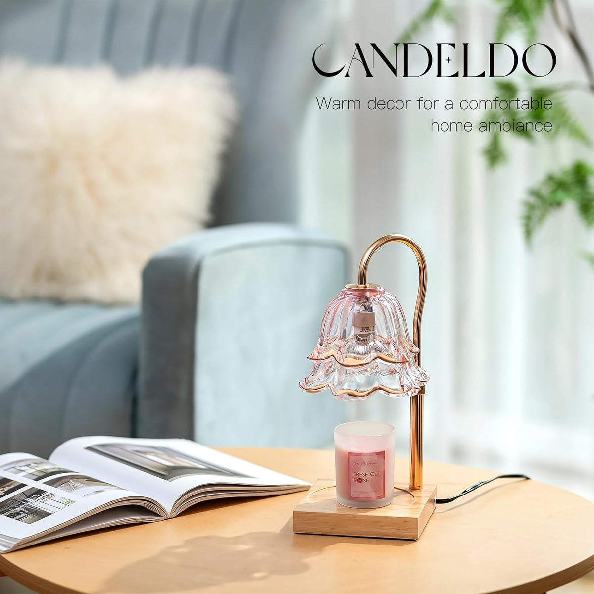 Candle Warmer Lamp with Timer, Pink Floral Glass Shade
