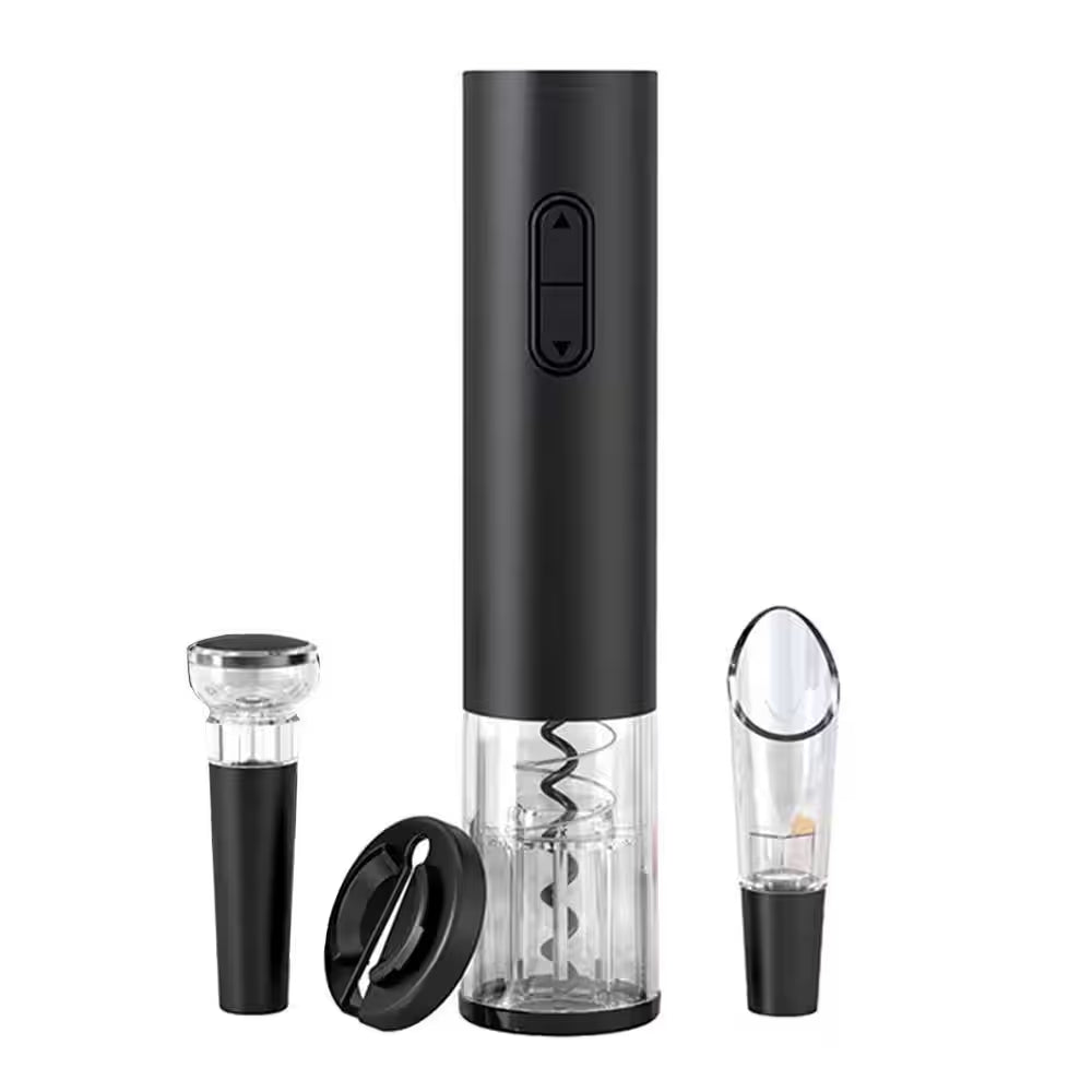 Modern Black Electric Wine Opener Kit Battery Operated with Foil Cutter Wine Aerator Pourer Vacuum Stopper