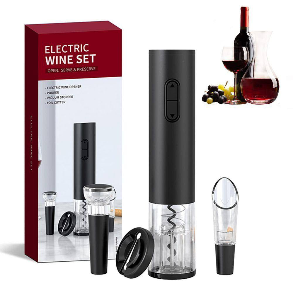 Modern Black Electric Wine Opener Kit Battery Operated with Foil Cutter Wine Aerator Pourer Vacuum Stopper