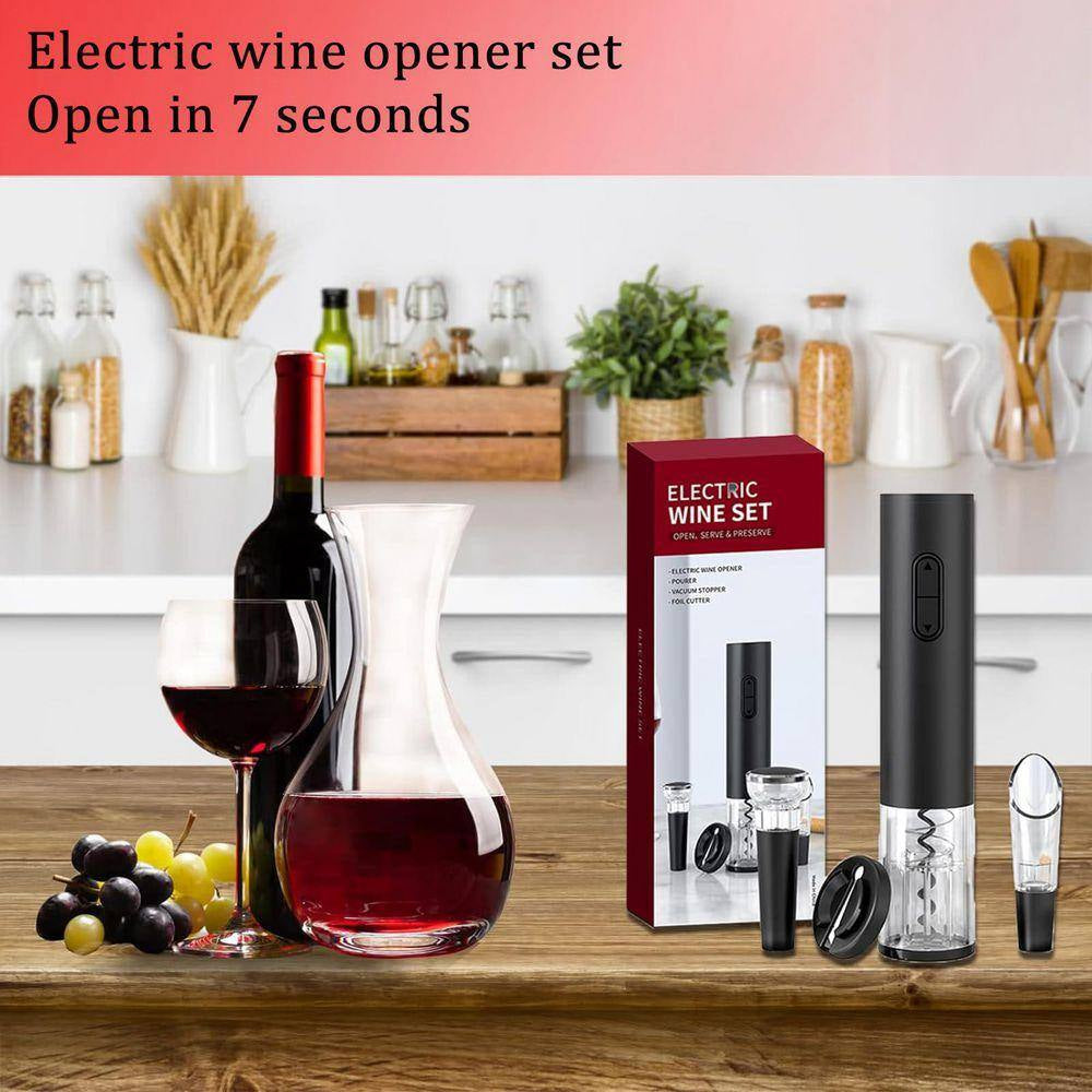 Modern Black Electric Wine Opener Kit Battery Operated with Foil Cutter Wine Aerator Pourer Vacuum Stopper