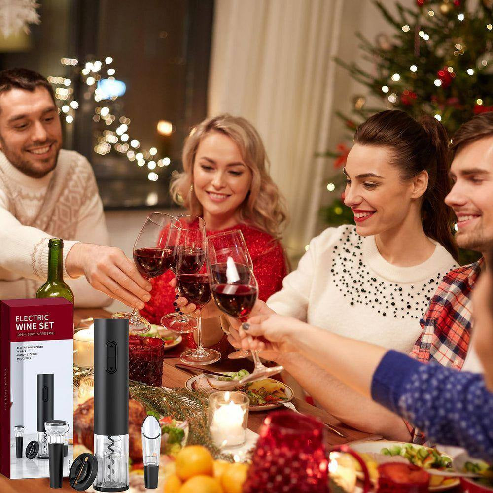 Modern Black Electric Wine Opener Kit Battery Operated with Foil Cutter Wine Aerator Pourer Vacuum Stopper