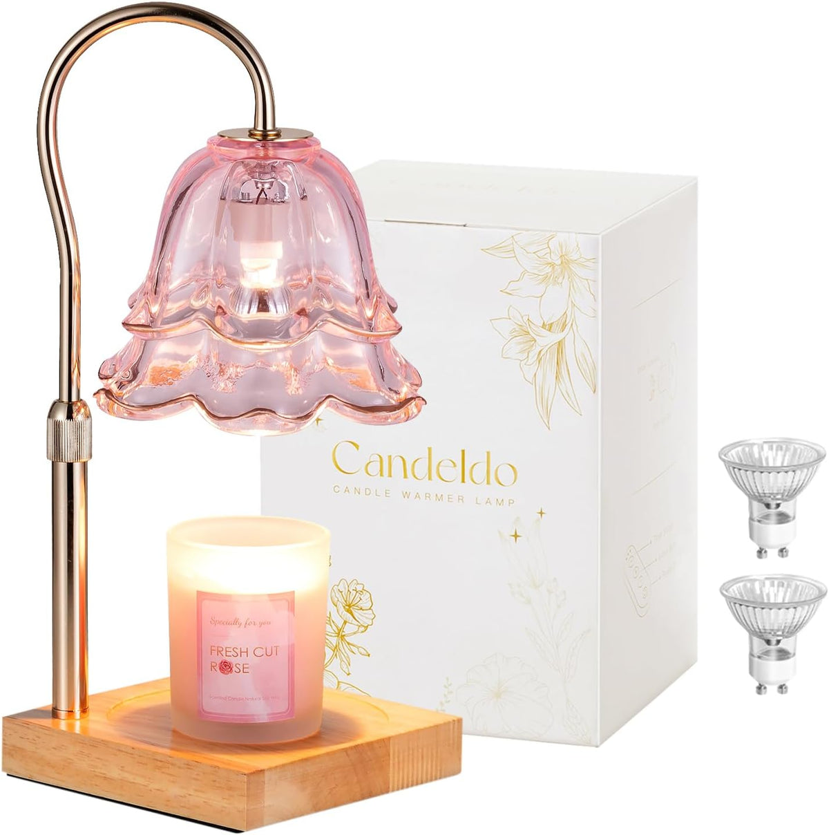 Candle Warmer Lamp with Timer, Pink Floral Glass Shade