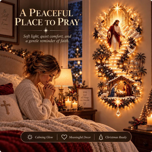 Jesus Light of Heaven Christmas Wall Hanging, Lighted Religious Nativity Wall Decoration for Christmas Staircase, Spiritual Holiday Home Accent with Warm Illumination (A)