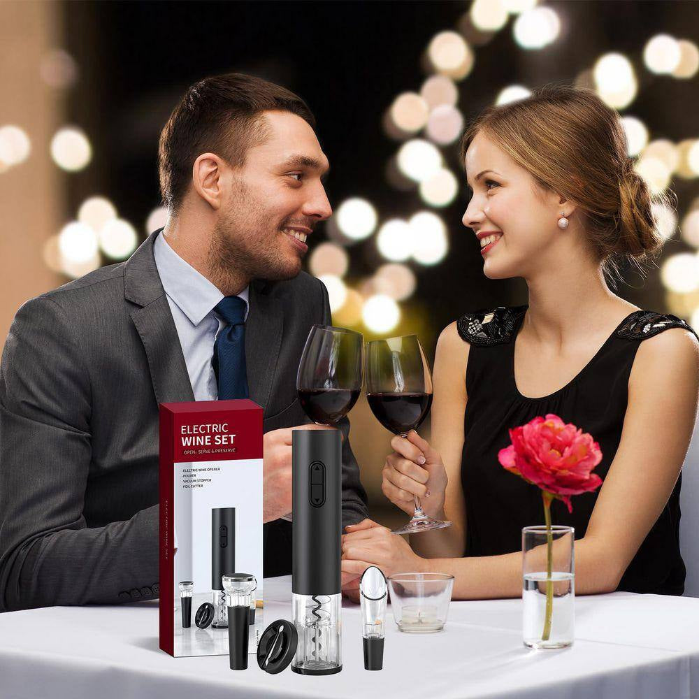 Modern Black Electric Wine Opener Kit Battery Operated with Foil Cutter Wine Aerator Pourer Vacuum Stopper