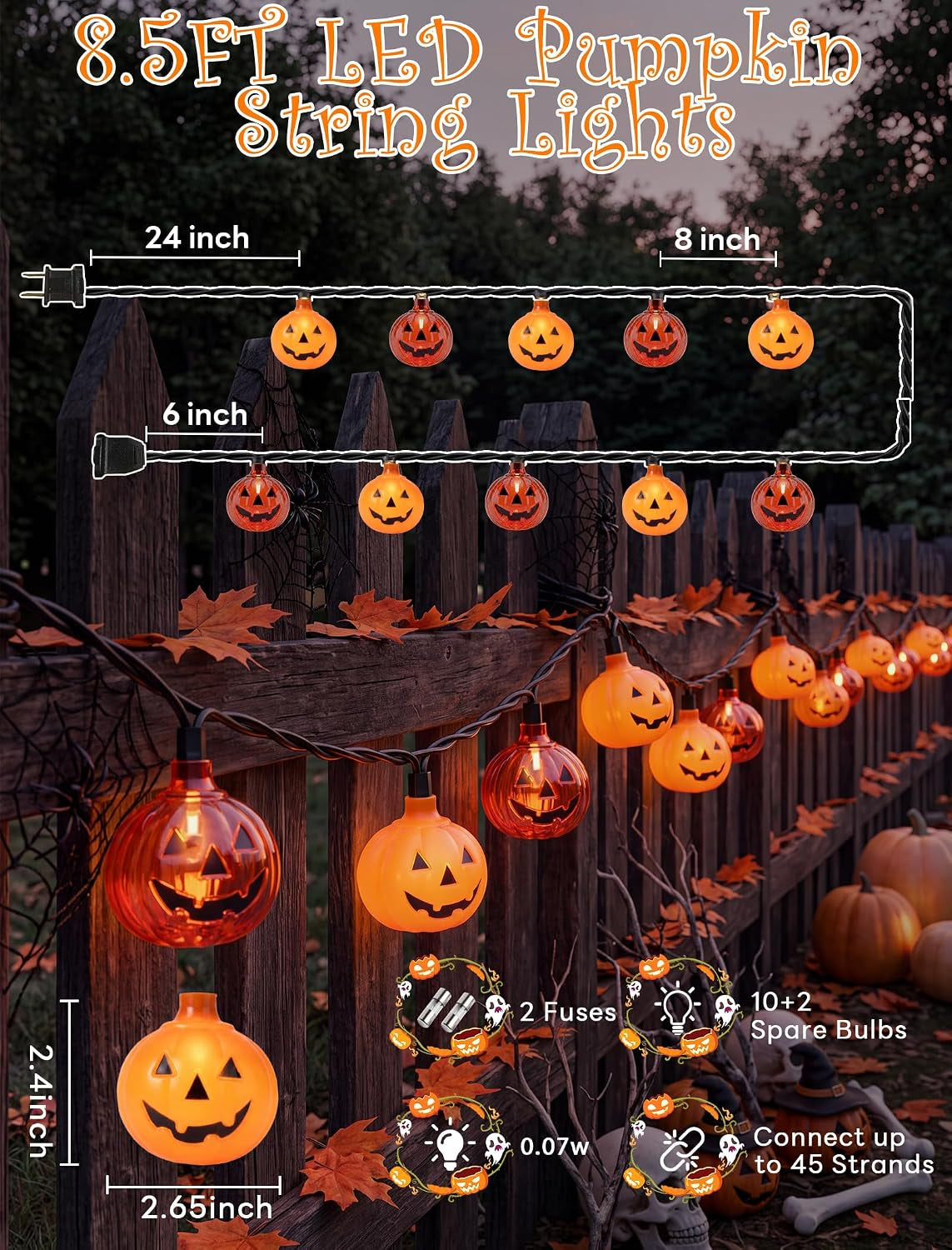 Halloween Pumpkin String Lights, 8.5FT 10 LED Plug in Yard Porch Light