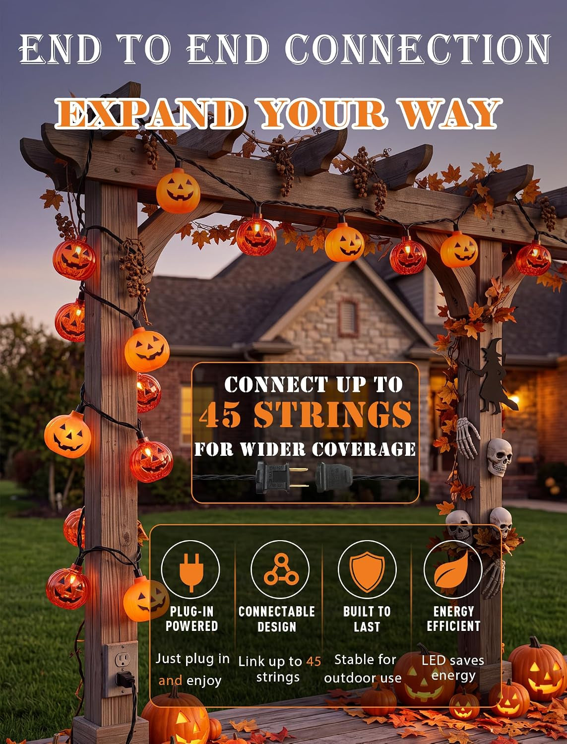 Halloween Pumpkin String Lights, 8.5FT 10 LED Plug in Yard Porch Light