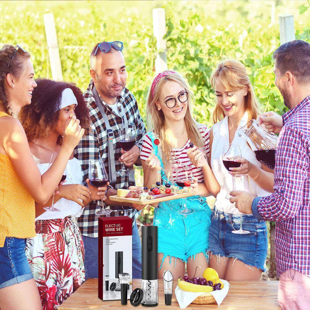 Modern Black Electric Wine Opener Kit Battery Operated with Foil Cutter Wine Aerator Pourer Vacuum Stopper
